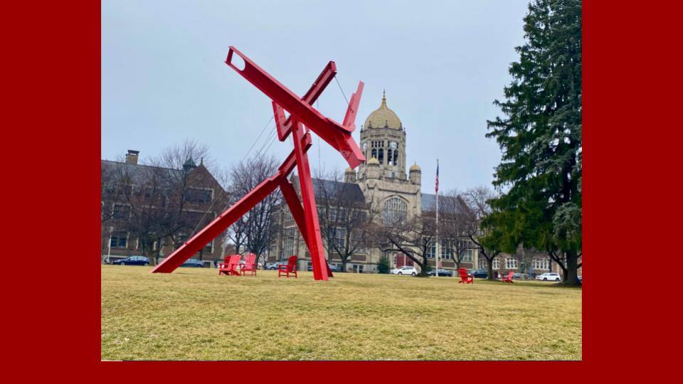 Image for Even without snow, Victor's Lament stands against the surrounding and brightens up every walk around campus! (Muhlenberg Winter)